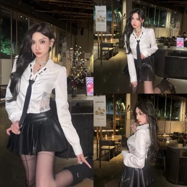 蕾丝拼接衬衫配领带