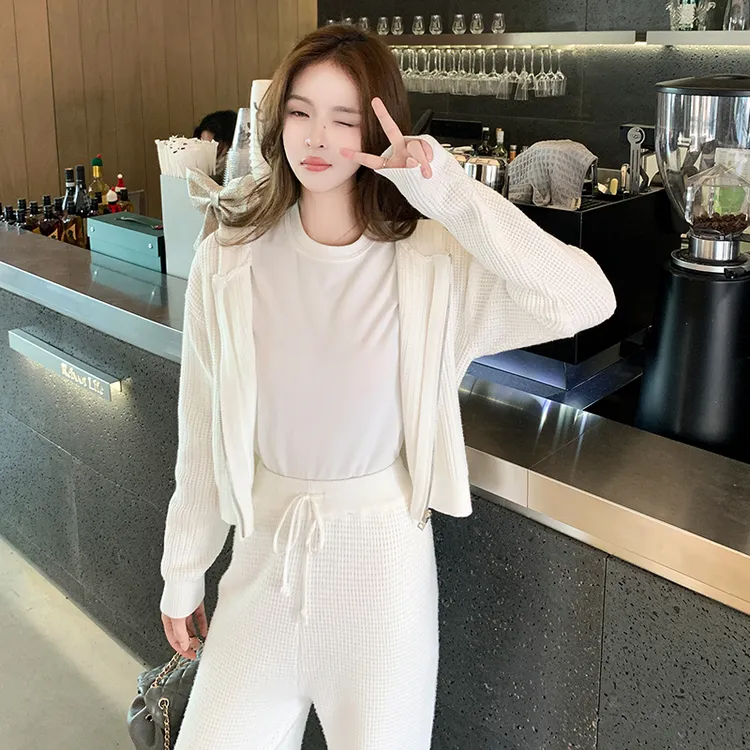 网红炸街时尚减龄气质白色连帽开衫上衣女休闲宽松裤子套装潮