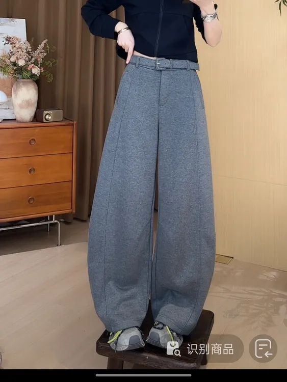 欧尼私服 2025秋季新款直筒宽松百搭半松紧毛呢休闲裤2509C6135