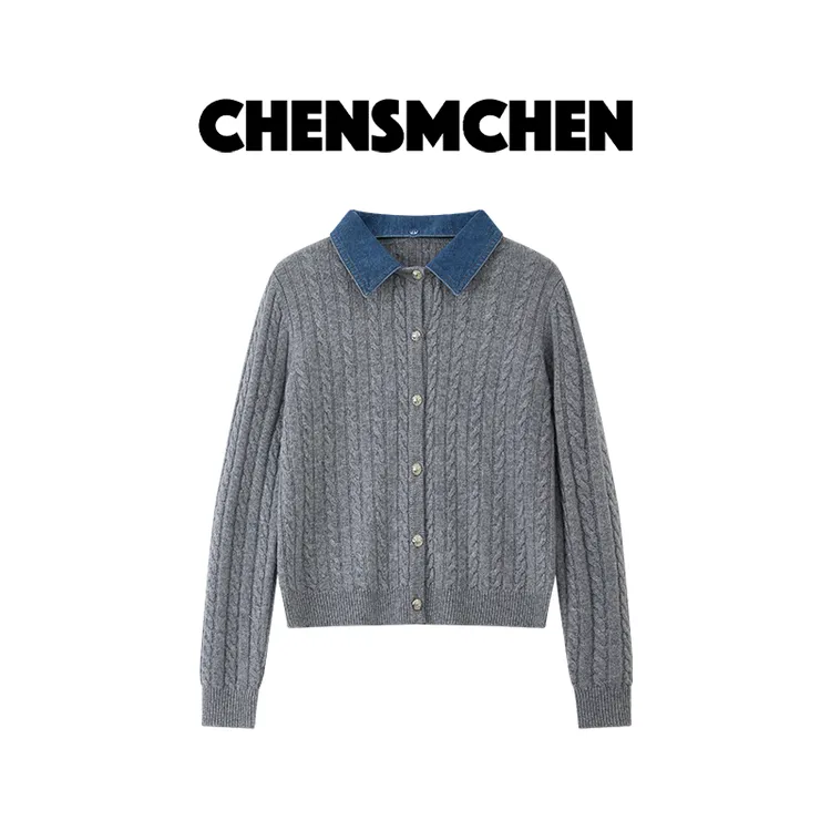 CHENSMCHEN 绵羊毛拼接翻领针织衫女时尚百搭显瘦上衣 CSZ8764LC