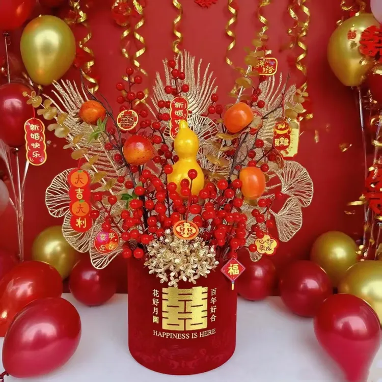 发财果柿子仿真花新中式客厅插花装饰摆件