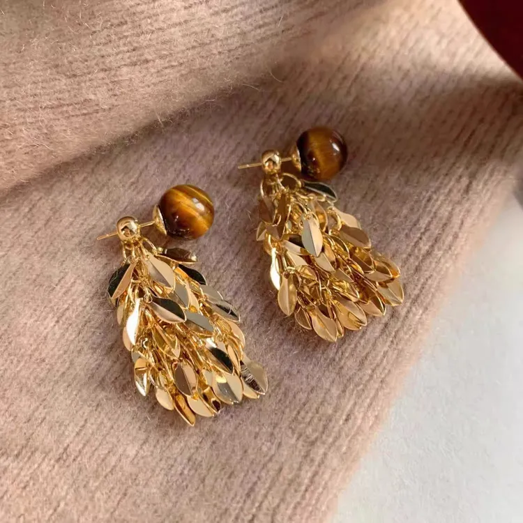 铜合金耳饰 金色羽翼~美拉德虎眼石麦穗流苏耳环女高级感耳钉耳饰