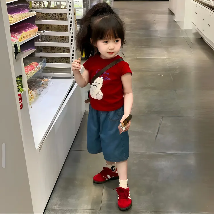 女童韩版休闲夏季红色套头薄款夏装套装儿童运动卡通小童女宝洋气