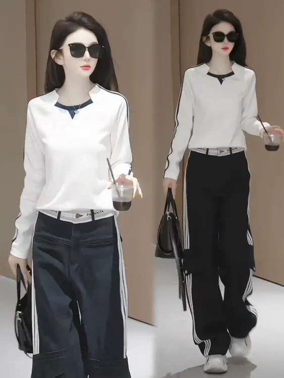 时尚套装女2025秋季新款时髦洋气长袖T恤工装阔腿裤气质两件套潮
