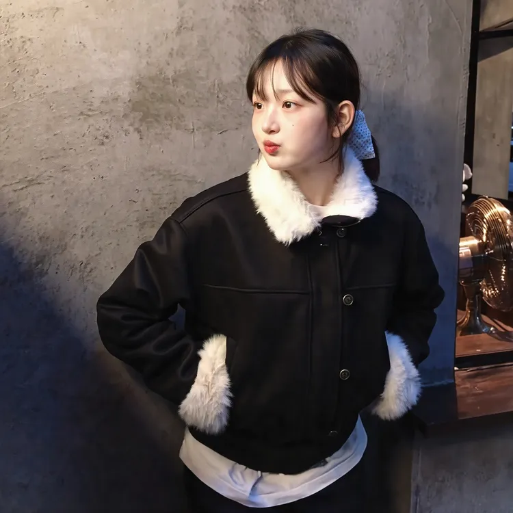 2025新款黑色加厚皮毛一体毛毛保暖夹克外套女冬季小个子短款上衣