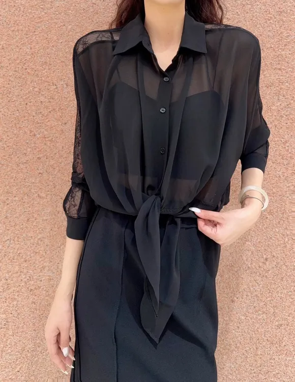 蕾丝拼接长袖纯欲风防晒衬衫轻熟风短款后妈裙甜美可爱风格衣服