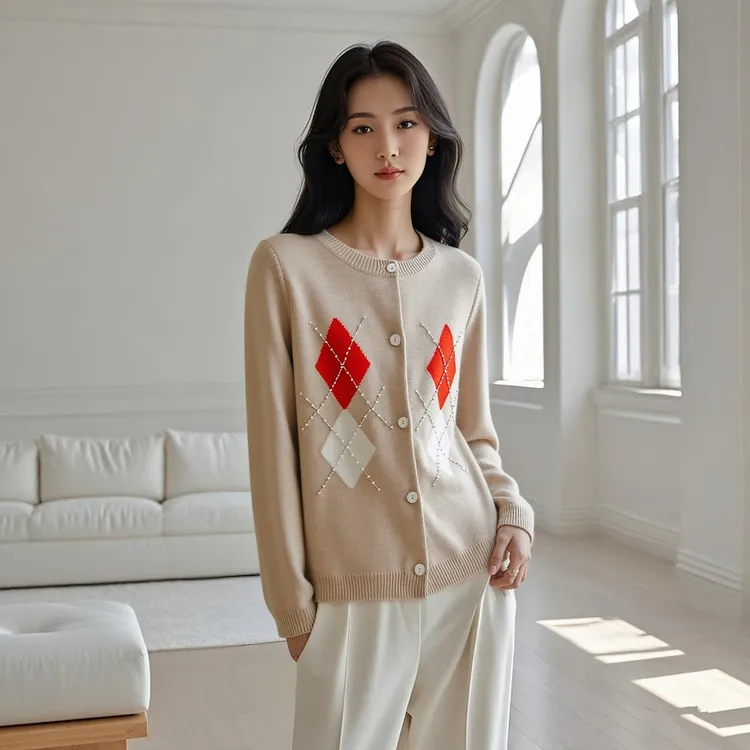 纯羊绒开衫女圆领纽扣高档针织毛衣2025秋冬季新款菱形格子镶钻