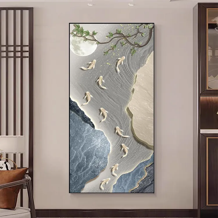 轻奢高档九鱼图玄关装饰画现代简约带灯九鱼轻奢客厅走廊过道竖版