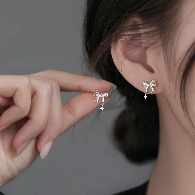 足银耳饰 999纯银蝴蝶结星星耳钉设计感小众甜美耳环女小清新气质