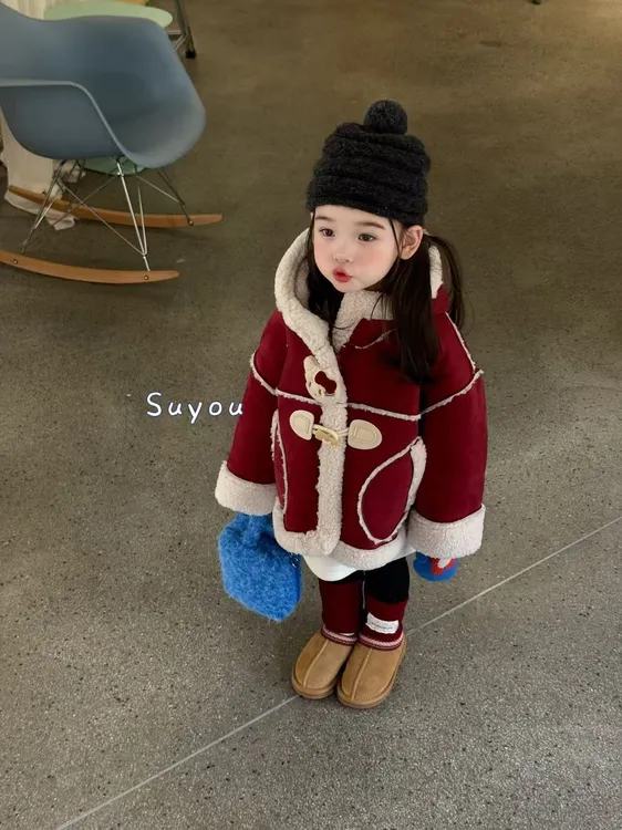 苏右家正版冬季连帽毛绒拉链秋冬普通外套洋气纯色女童女小童扣号