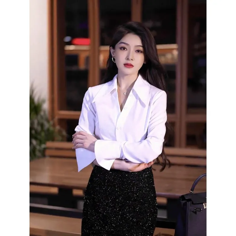 【奥莱品牌撤柜】法式优雅Polo衫白衬衫女式春秋分层长袖衫设计高端