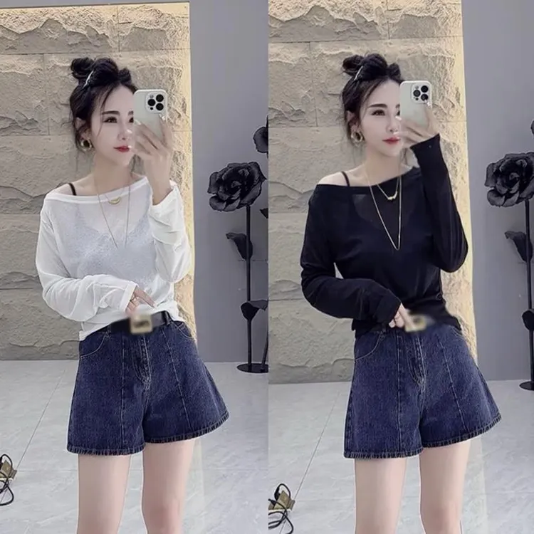 欧货一字领露肩长袖锁骨T恤女2025夏季新款气质显瘦防晒网纱上衣