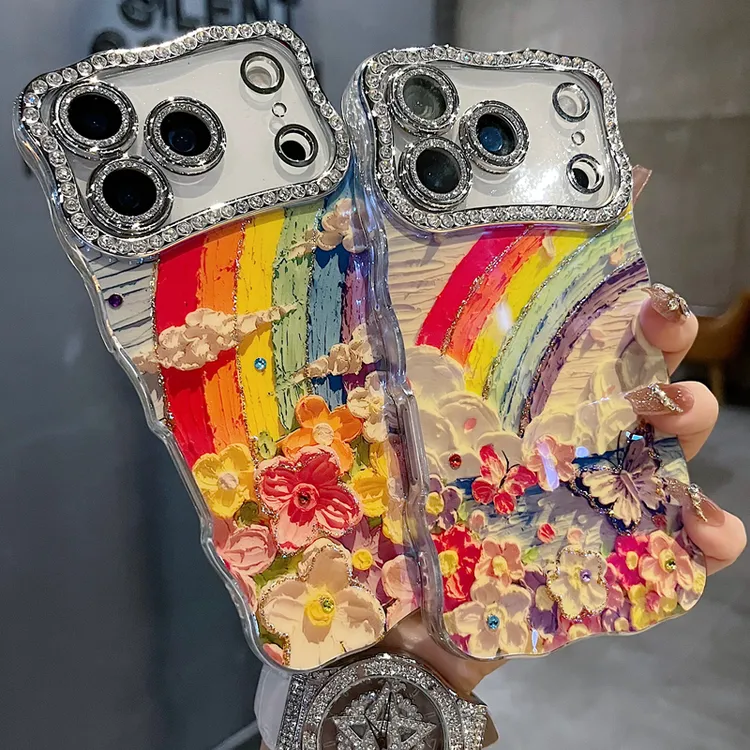 适用苹果系列iPhone17新款手机壳时尚彩虹四瓣花全包满钻精孔镜框