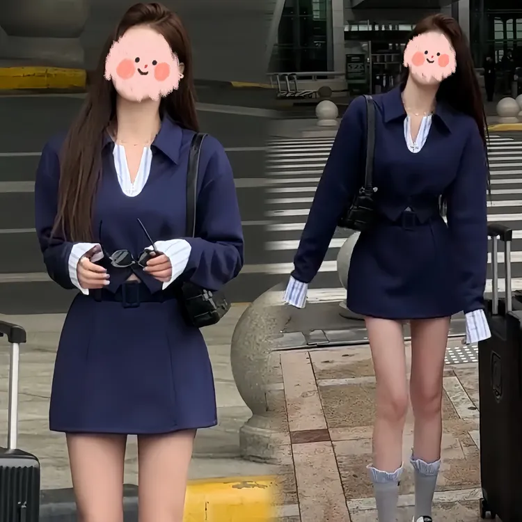 早春新款时尚气质网红女装撞色拼接假两件长袖上衣小众小众百搭女