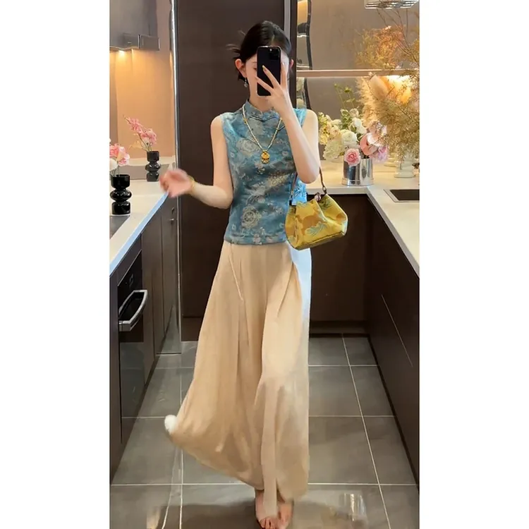 新中式国风女装新款高级感轻奢减龄洋气超好看蓝色盘扣衬衫+裤子