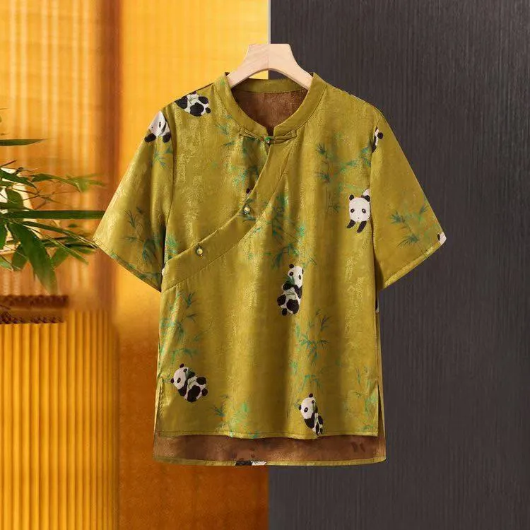 【410】新中式熊猫翠竹T恤短袖民族风圆领宽松小衫