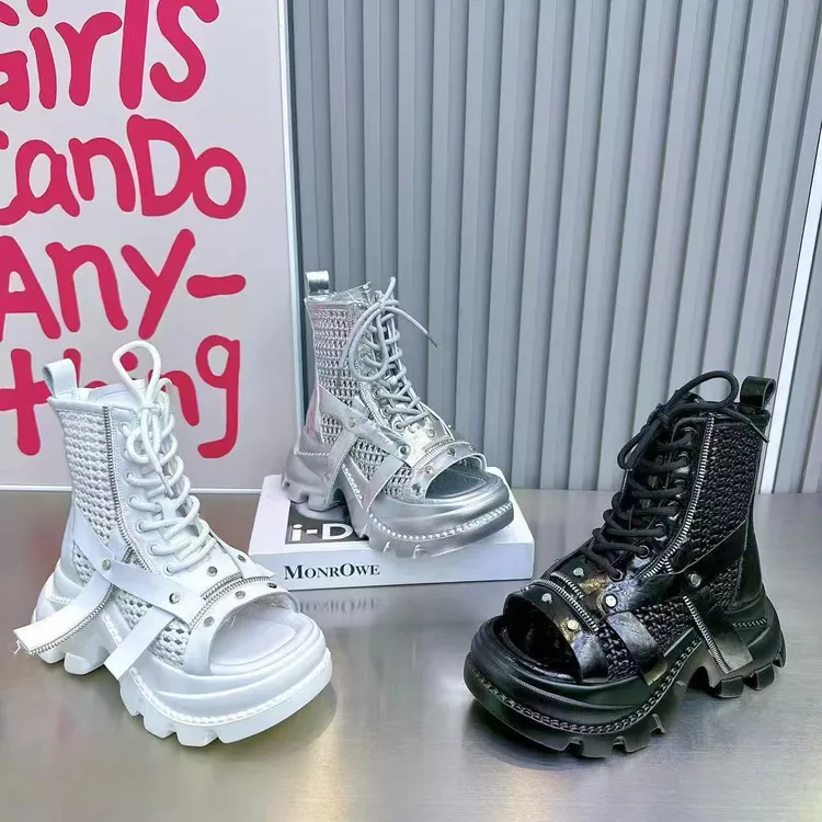 【7厘米】圆头系带防滑短靴厚底英伦风百搭高帮厚底短靴夏季凉鞋