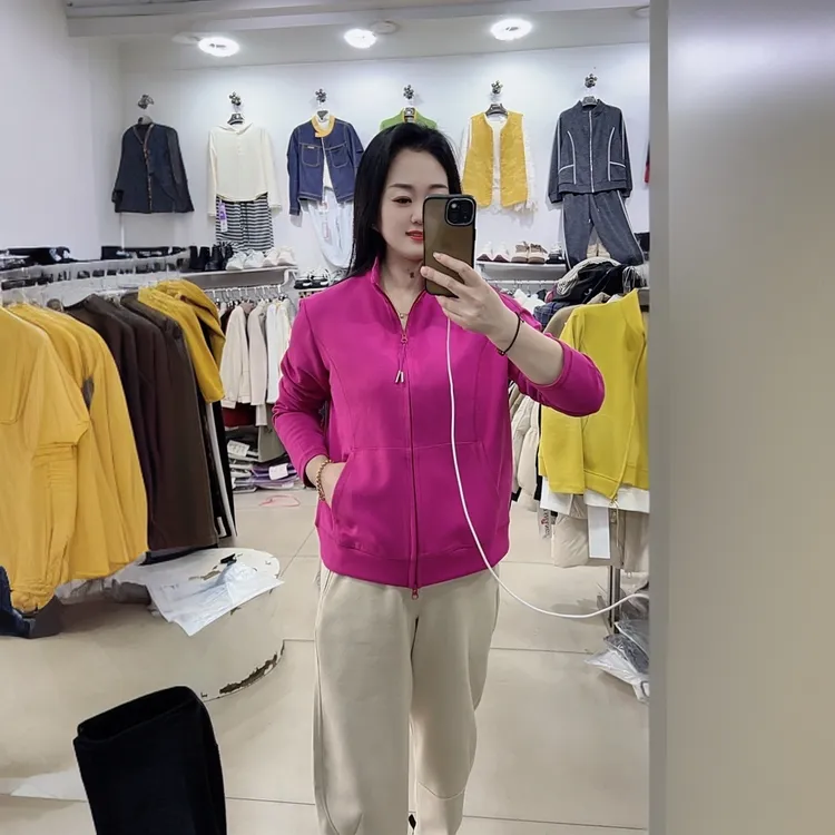 女士春款拉链开衫纯色休闲上衣时尚运动长袖双头拉链