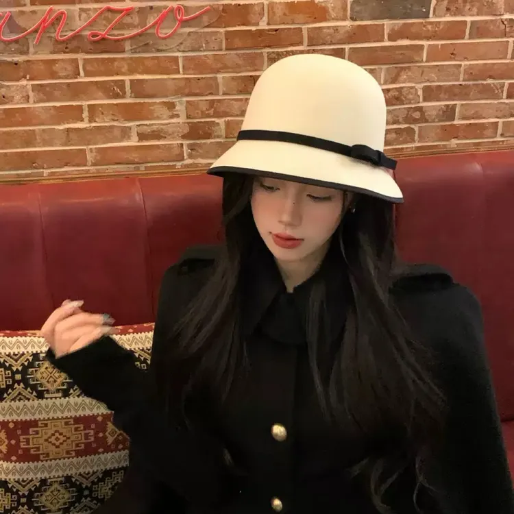 法式赫本风羊毛呢渔夫帽子女秋冬蝴蝶结小香风盆帽显脸小圆顶礼帽