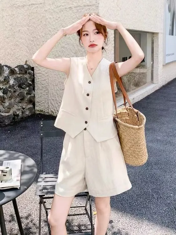 B 门店69&9！藜麦套装」莱赛尔天丝亚麻无袖马甲休闲短裤套装C23039