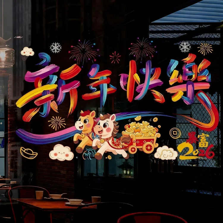 2026马年元旦玻璃贴新年装饰剪纸窗花贴画春节过年福字彩虹静电贴