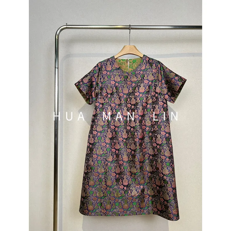 【花满林】鸡心领后一粒扣葫芦藤蔓蜀锦真丝桑蚕丝旗袍裙259281