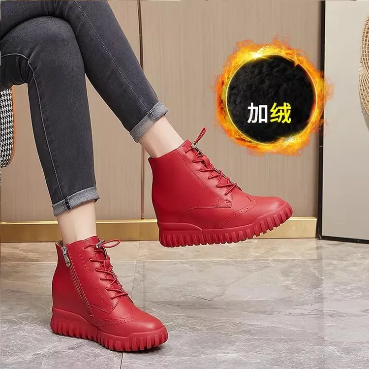 艾淇加绒6.5厘米内增高休闲靴女2025年秋冬侧拉链圆头牛皮高帮鞋