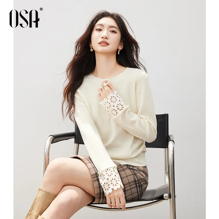 OSA/欧莎 镂空蕾丝拼接针织衫女高级气质百搭圆领上衣S125C16004
