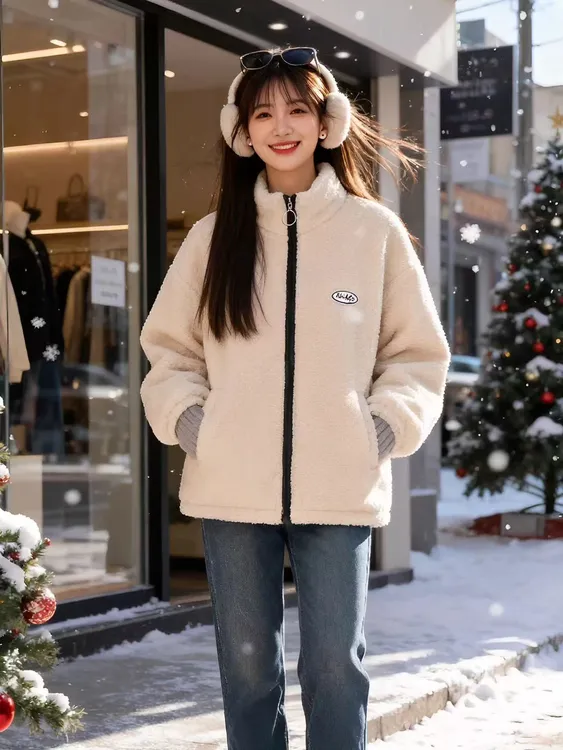 冬季刺绣保暖摇粒绒加绒加厚外套