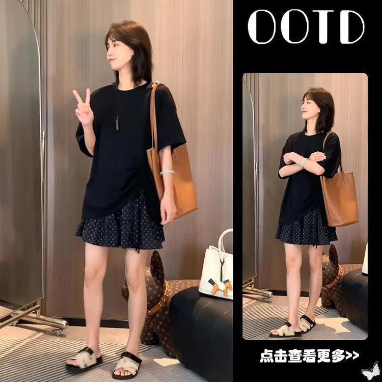 夏季流行穿搭一整套2025新款韩版宽松短袖T恤高腰碎花短裙两件套
