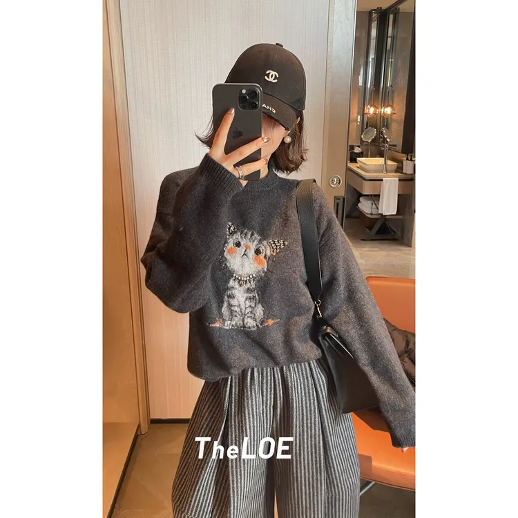 TheLOE/羊毛+浣熊绒圆领百搭可爱小猫长袖针织衫#11.17ZZ-G7576