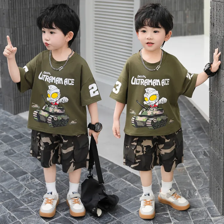 奥特曼儿童短袖套装2026新款男童夏装男宝宝薄款迷彩短裤酷帅衣服