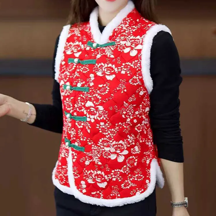 东北大花发妈妈马甲女加绒加厚秋冬新款民族风马夹坎肩秧歌表演出