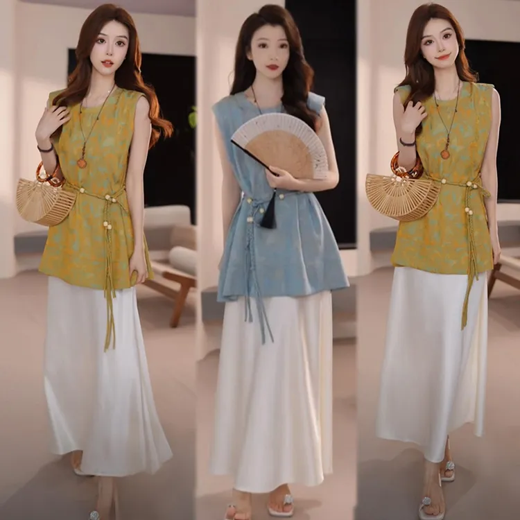 新中式连衣裙气质套装女2025夏季新款洋气提花显瘦减龄休闲三件套