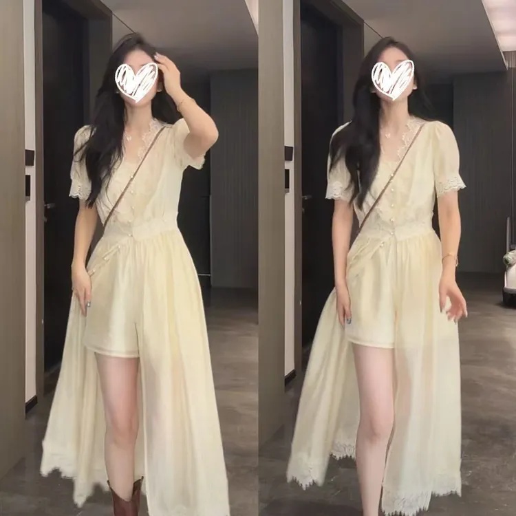 2025夏季新款法式甜美蕾丝拼接气质收腰显瘦V领连衣裙高腰短裤女