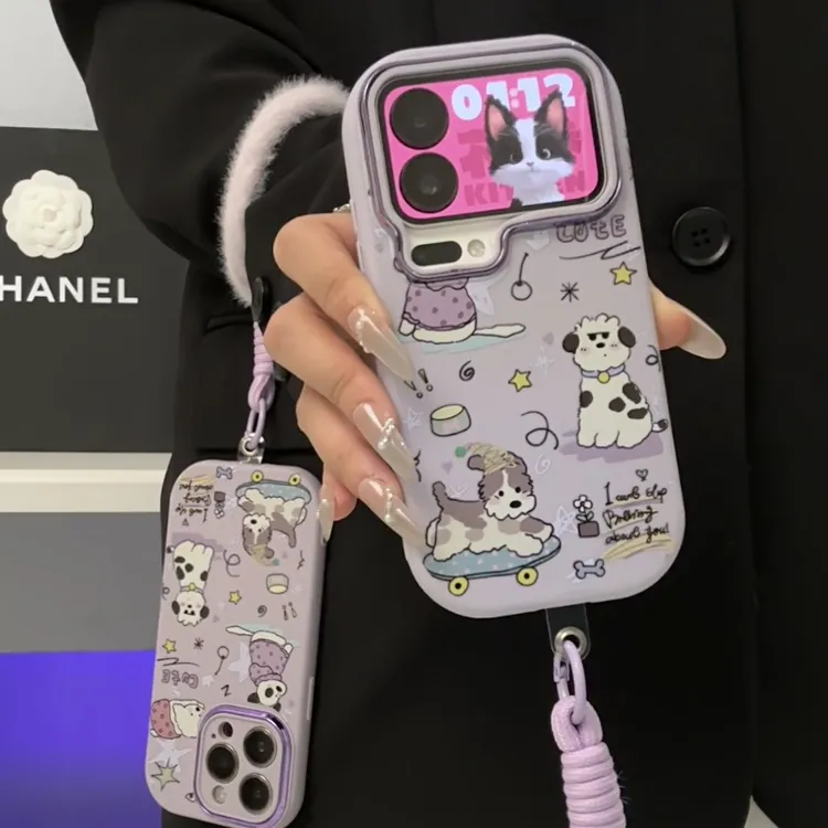 涂鸦滑板小狗挂绳适用苹果17/16胖子手机壳华为oppo小米vivo新款