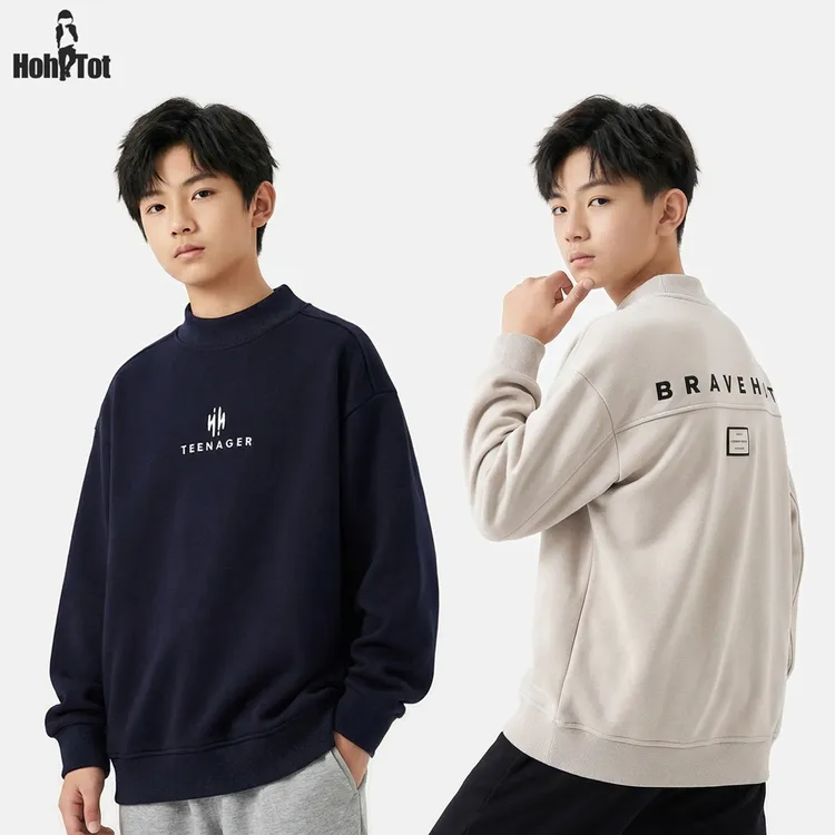 现货【新品上新】青少年加绒圆领卫衣2025冬季男童刺绣宽松休闲上衣