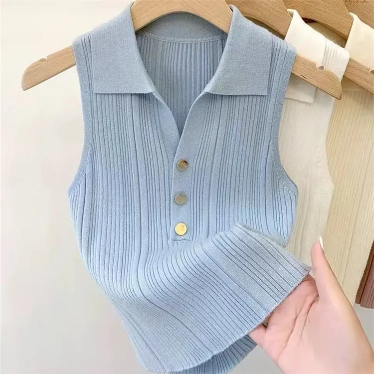 小香风纽扣Polo领针织背心女春季法式无袖独特别致修身上衣打底衫