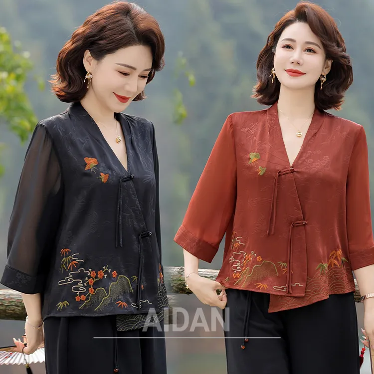 新中式妈妈装中袖衬衫夏季新款女士宽松大码中老年女装遮肚子上衣