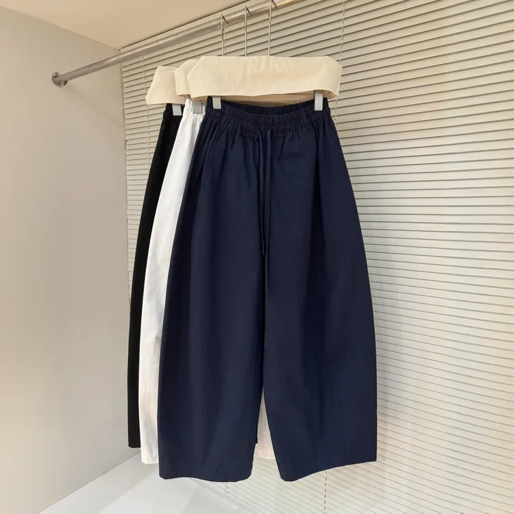欧货松紧高腰休闲阔腿裤女2025夏季新款时尚宽松显瘦九分弯刀裤潮