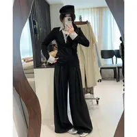 李潇洒【高智套装】微胖大码秋假两件蕾丝拼接上衣+阔腿西装休闲裤