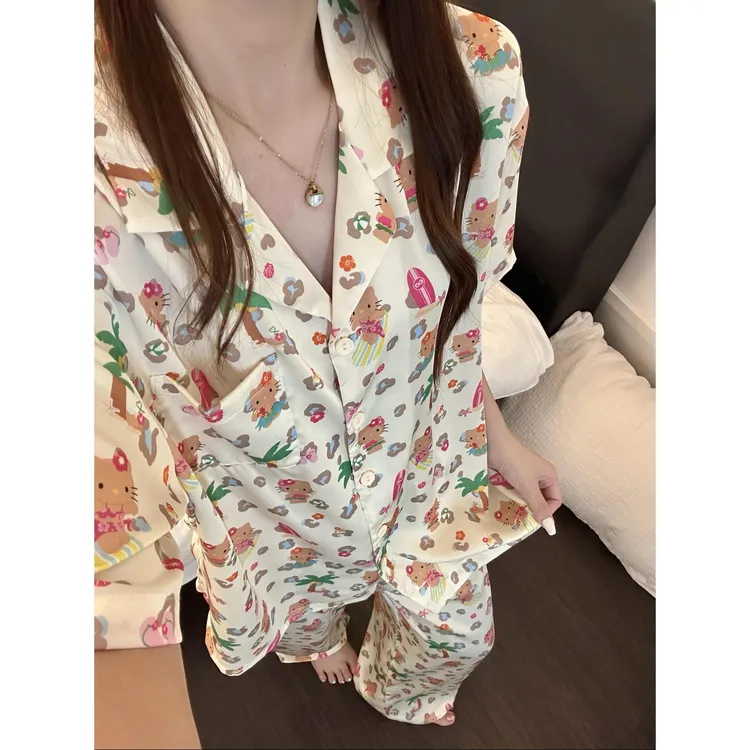 甜美少女黑皮凯蒂猫云朵棉短袖睡衣女夏季新款显瘦长裤家居服套装