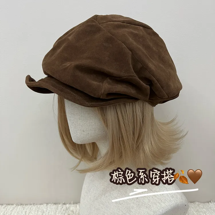 棕色系褶皱报童帽女秋冬复古麂皮绒贝雷帽百搭韩系不规则画家帽子