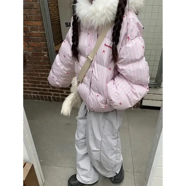 甜美蝴蝶结印花条纹连帽棉服女冬季韩系慵懒风加厚面包服