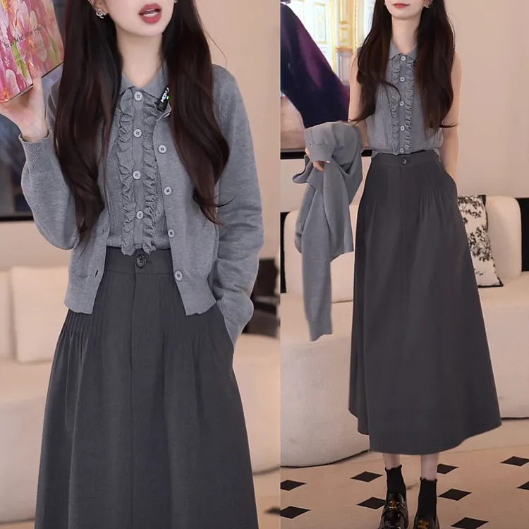 法式温柔风气质套装女2025春秋新款针织背心开衫外套半身裙三件套