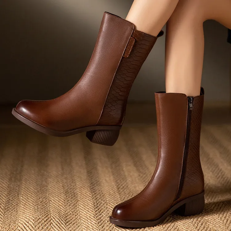 真皮中筒靴女全牛皮高筒棉皮靴秋冬新款加绒保暖长靴防滑妈妈靴子
