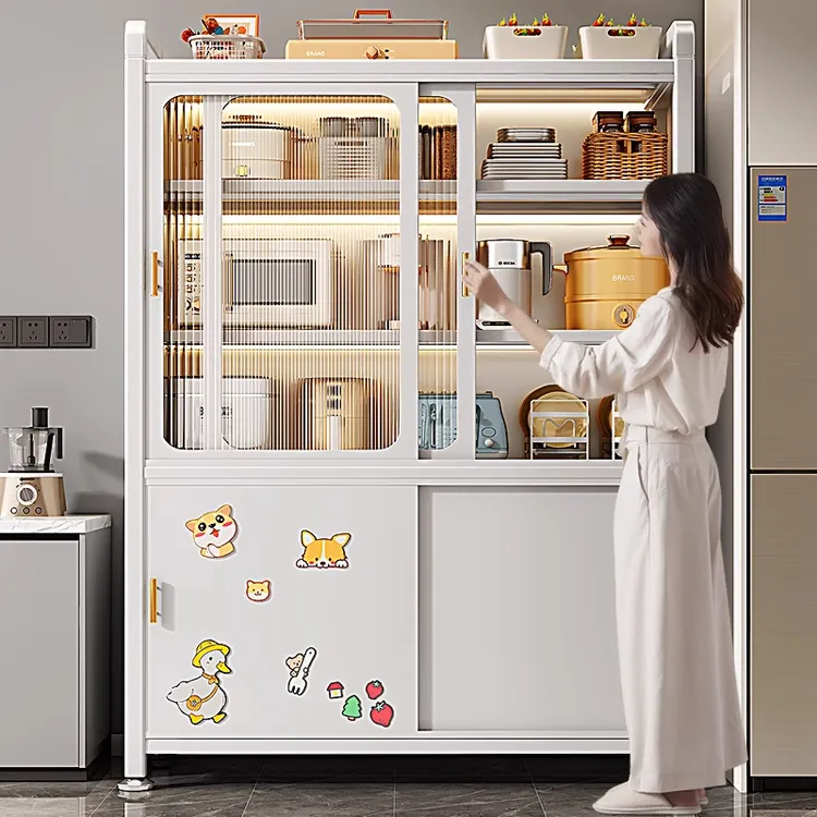 芒达厨房置物架多层推拉门锅碗收纳柜家用餐边落地多功能储物橱柜