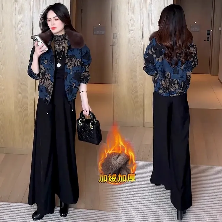 加绒加厚短款外套女2025冬季新款洋气显瘦小个子百搭毛领印花夹克