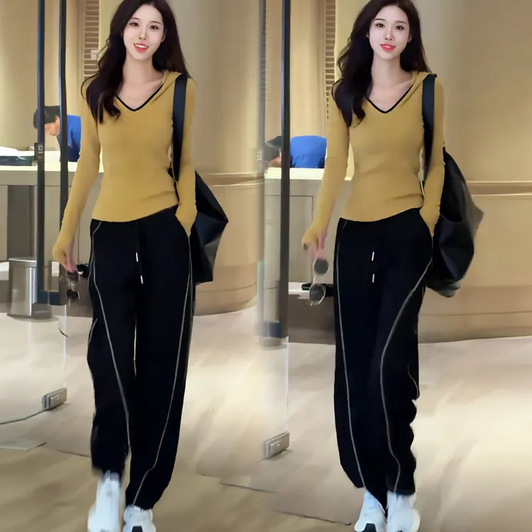 时尚套装女修身秋季新款长袖连帽T恤连帽卫衣休闲阔腿裤两件套潮