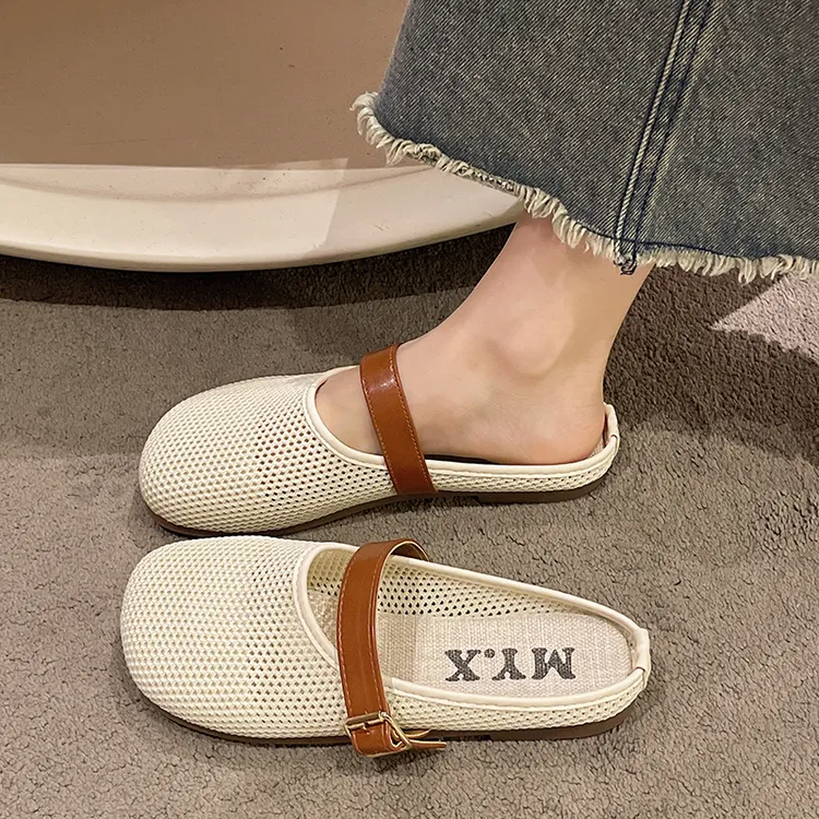 2024夏季新款飞织网面透气包头半拖鞋女外时尚穿百搭复古软底凉拖